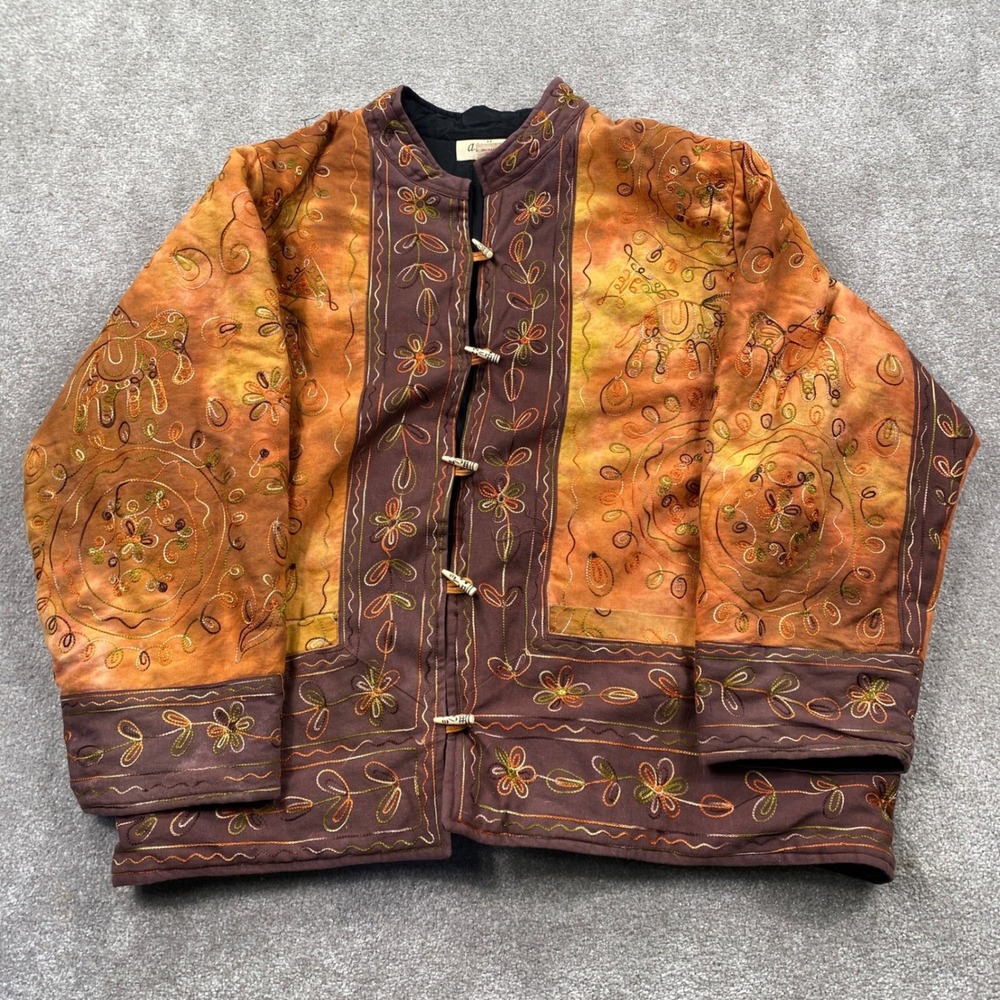 Anii by Natural Quilted Jacket Orange Brown Elephant Floral Embroidery Size 2X